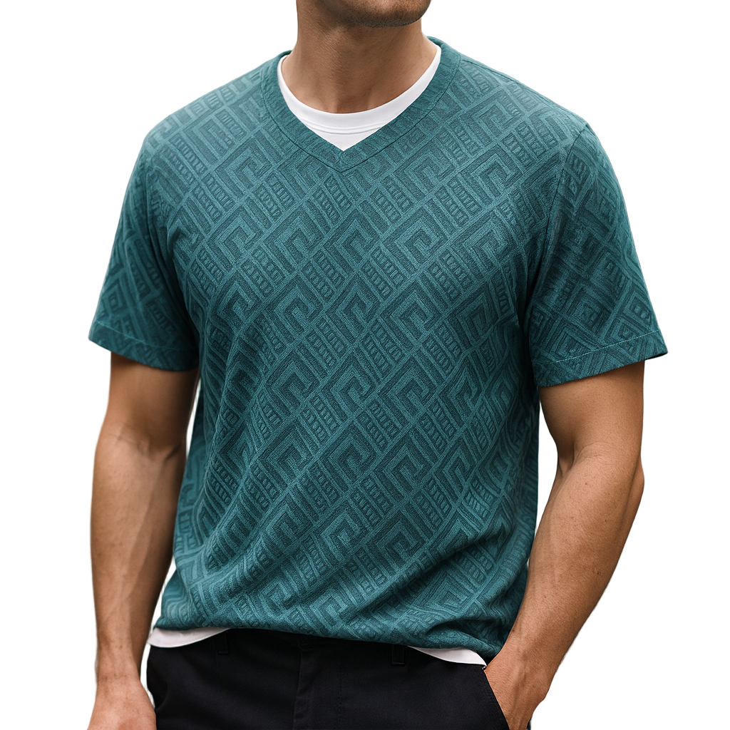 Person wearing a teal patterned t-shirt 
