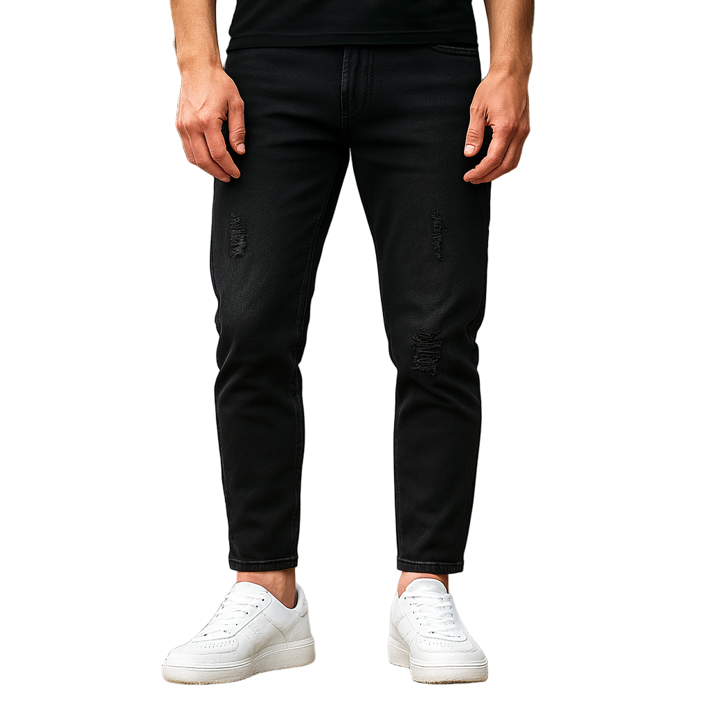 Person wearing black distressed jeans and white sneakers